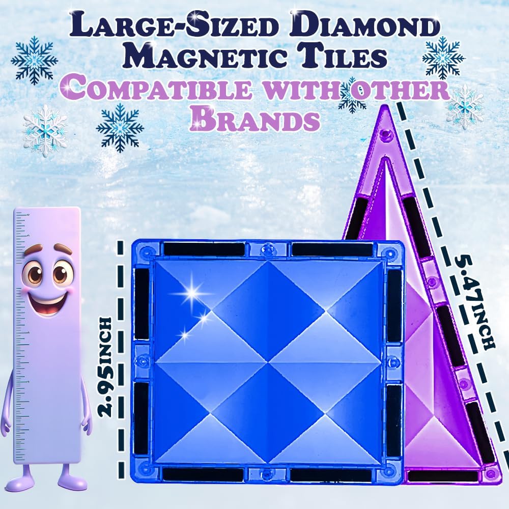 Little Pi 104pcs Frozen Princess Castle Magnetic Tiles Building Blocks - 3D Diamond Blocks, STEM Educational Toddler Toys for Pretend Play, 4 Year Old Girl Birthday Gifts Kids Ages 3 5 6 7 8 - Pink