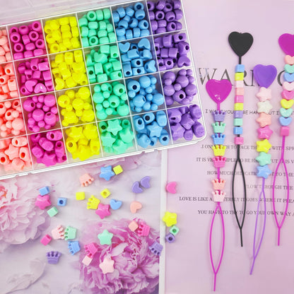 JJzxwish 1605 Pcs Hair Beads for Braids with Elastic Rubber Band Threaders Kit, Candy Color Acrylic Mickey Heart Star Alphabet Beads Pastel Pony Bead Kandi Bead for Bracelet Jewelry Making DIY Craft