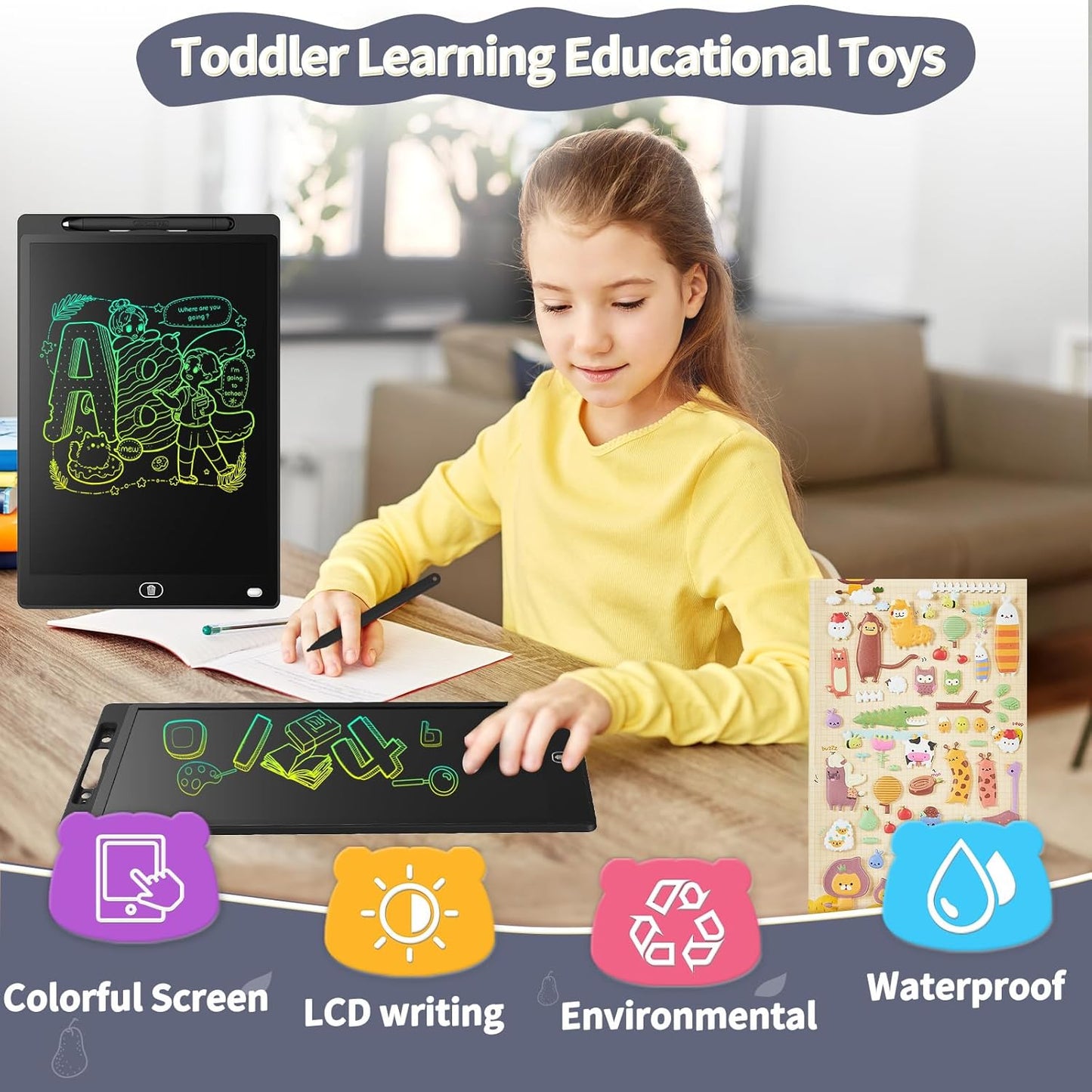 [2 Pack] Genialba LCD Writing Tablet 12-Inch Colorful Doodle Board, Toddler Learning Educational Toys Gifts for 3-8 Years Old Girls and Boys, Electronic Drawing Pad for Kids (Pink&Blue)