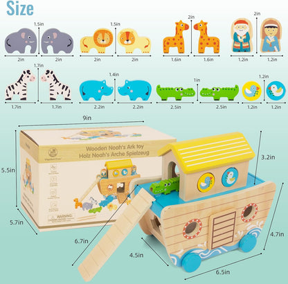 Toddlers Wooden Noah's Ark Toy Animal Playset, Shape Sorter Early Learning Montessori Toys, Baptism Gifts for 3 Boys Girls Kids