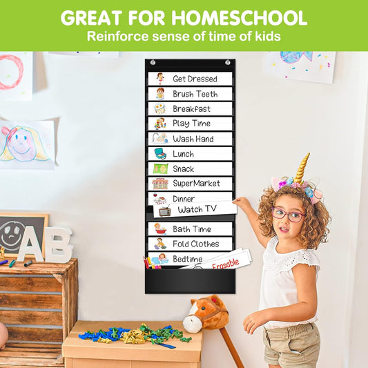 Eamay Daily Schedule Pocket Charts, Teaching Chart, Hoom, Eamay Daily Scheduling Pocket Chart with 13+1 Pockets, 18pcs Dry Erase Cards and 2 Hooks (Black-2)