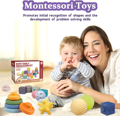 Montessori Baby Toys - Soft Baby Blocks, Stacking Rings & Sensory Balls, 24Pcs 3-in-1 Teething Toys Set for Babies 6-12 Months, Building Blocks Easter Birthday for Boys Girls