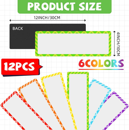 Janlaugh 12 Pcs Large Magnetic Dry Erase Labels for Classroom, 12 x 4 Inch Rectangle Magnetic Name Plates Label Flexible Magnet Stickers for Whiteboards Refrigerator(Rainbow Color,Style 1)