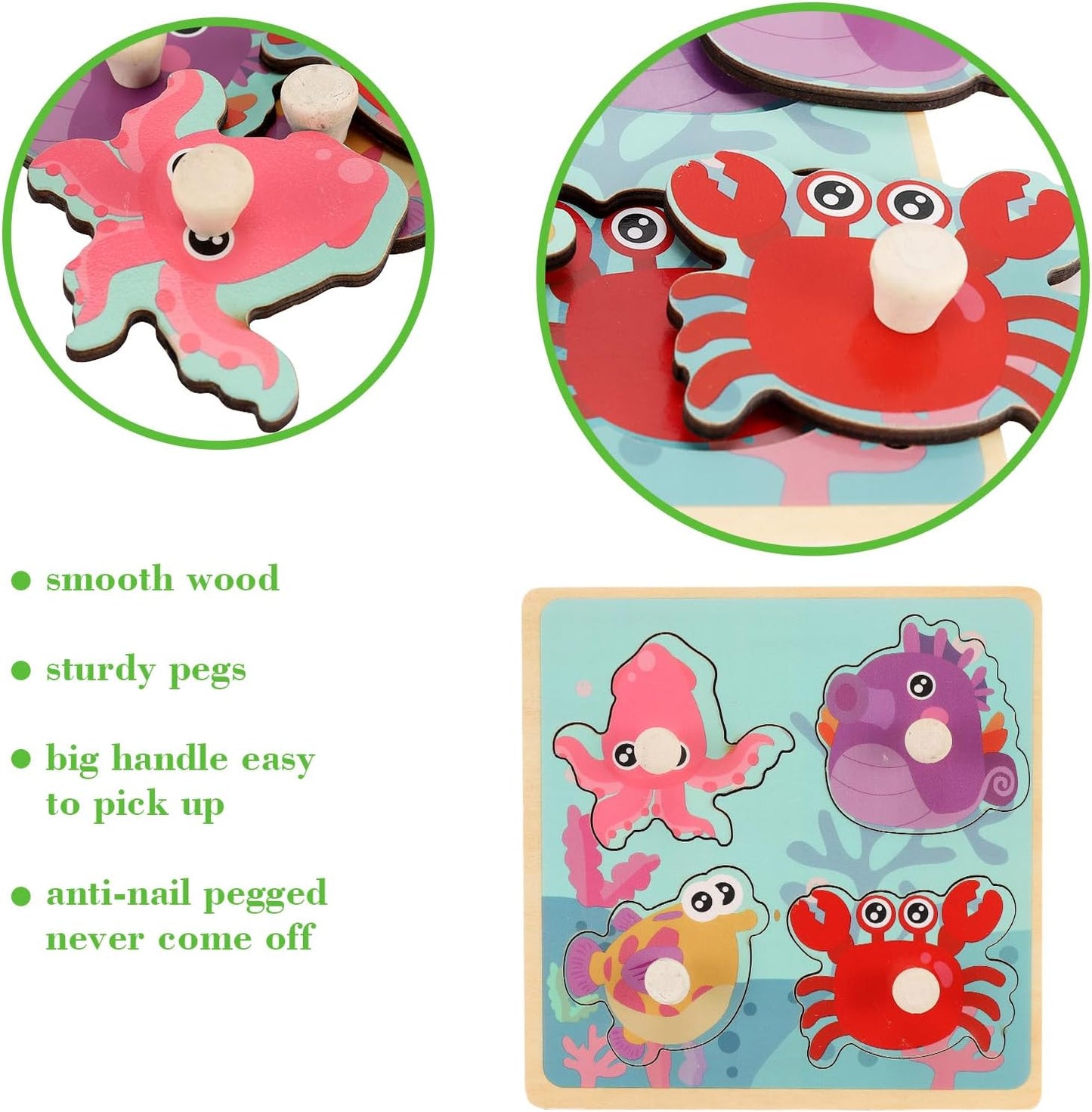 Wooden Peg Puzzles for Toddlers 1-3, Kids' Educational Preschool Peg Puzzle Toy, Set of 4 Toddler Puzzles - Farm, Dinosaur, Fruit and Marine Animals, Ideal Gift for Ages 1 2 3 Boys and Girls