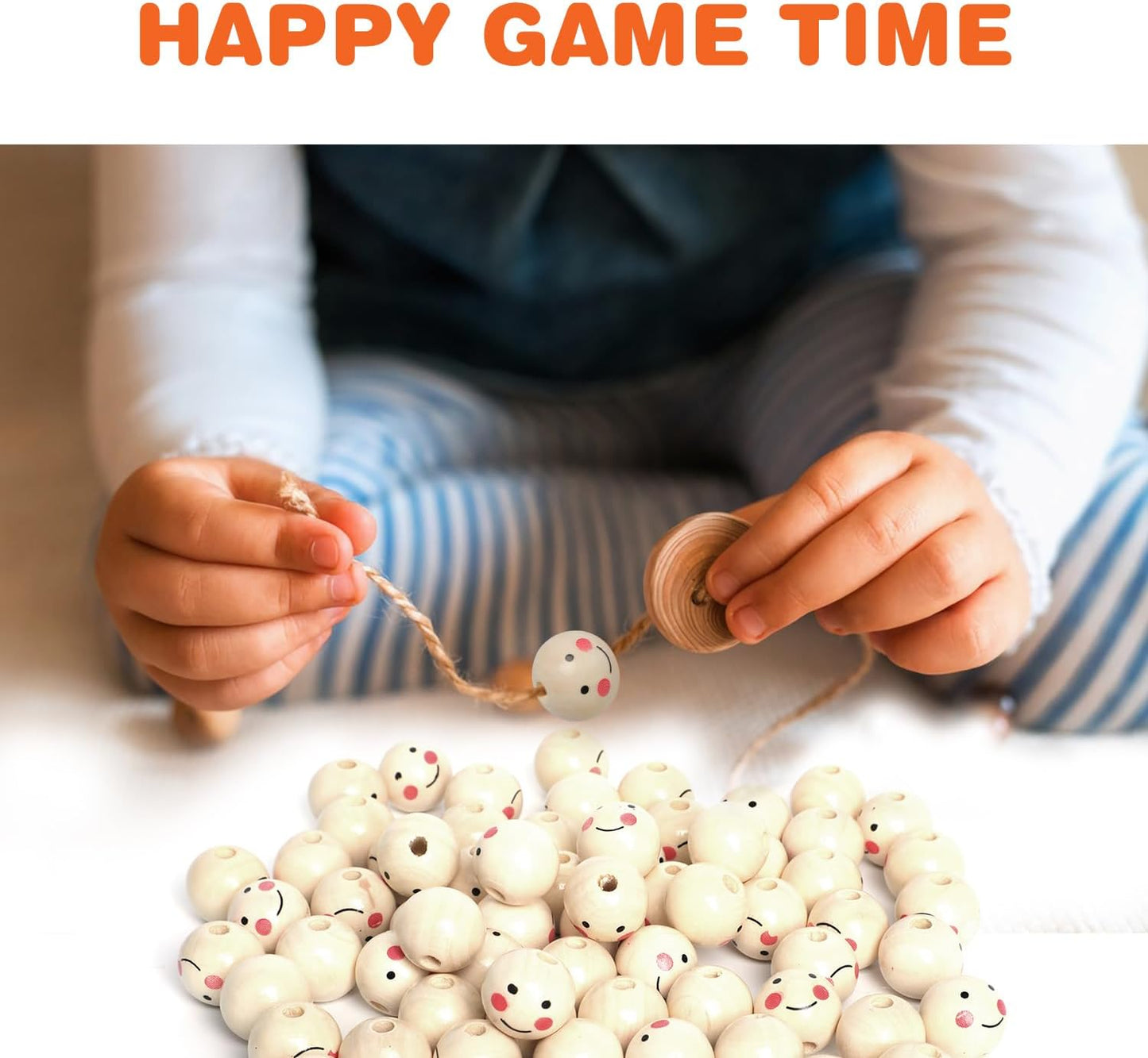60PCS Wooden Beads with String,Natural Wood Beads Loose Beads with Face,2 Styles Wooden Smiley Beads Set for Chiristmas Tree Wreath DIY Key Chain Angel Craft Jewelry Making(30pcs 20mm 30pcs 18mm)