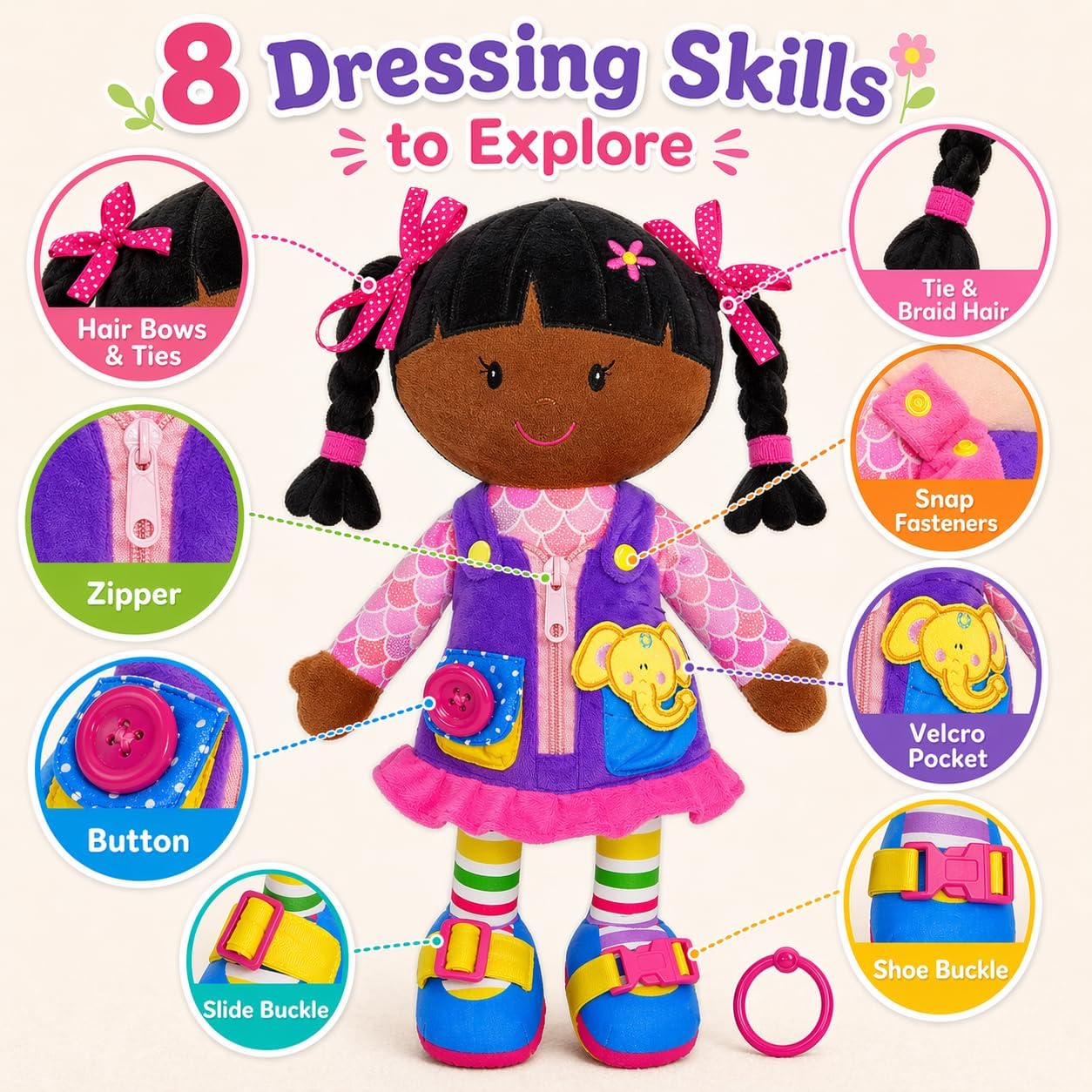 June Garden 16" Dressy Friends Bunnie - Educational Stuffed Plush Doll for Kids and Toddlers 2 Years and Up - Montessori Soft Toy Doll