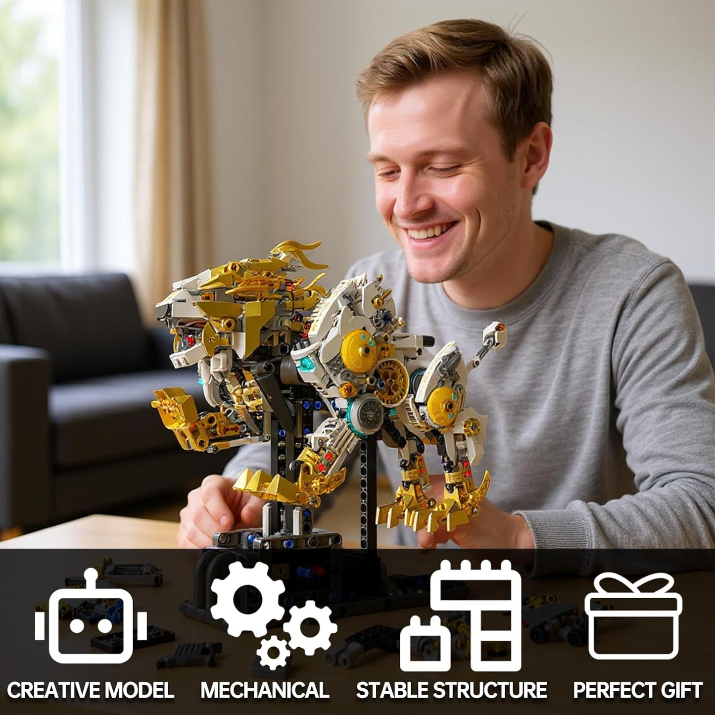 CSNRHG Mechanical Lion Building Block Toy Set Futuristic Mechanical Beast Model with Movable Parts & Gears Premium Mechanical Building Kit with Display Stand, Ideal Gift for Boys & Adults