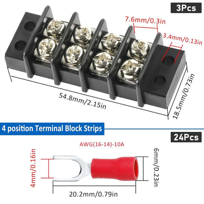 3sets 10 Position Terminal Strips， Dual Screw Terminals Block Strip with 16-14AWG Insulated Fork Wire Connectors for Electrical Wiring