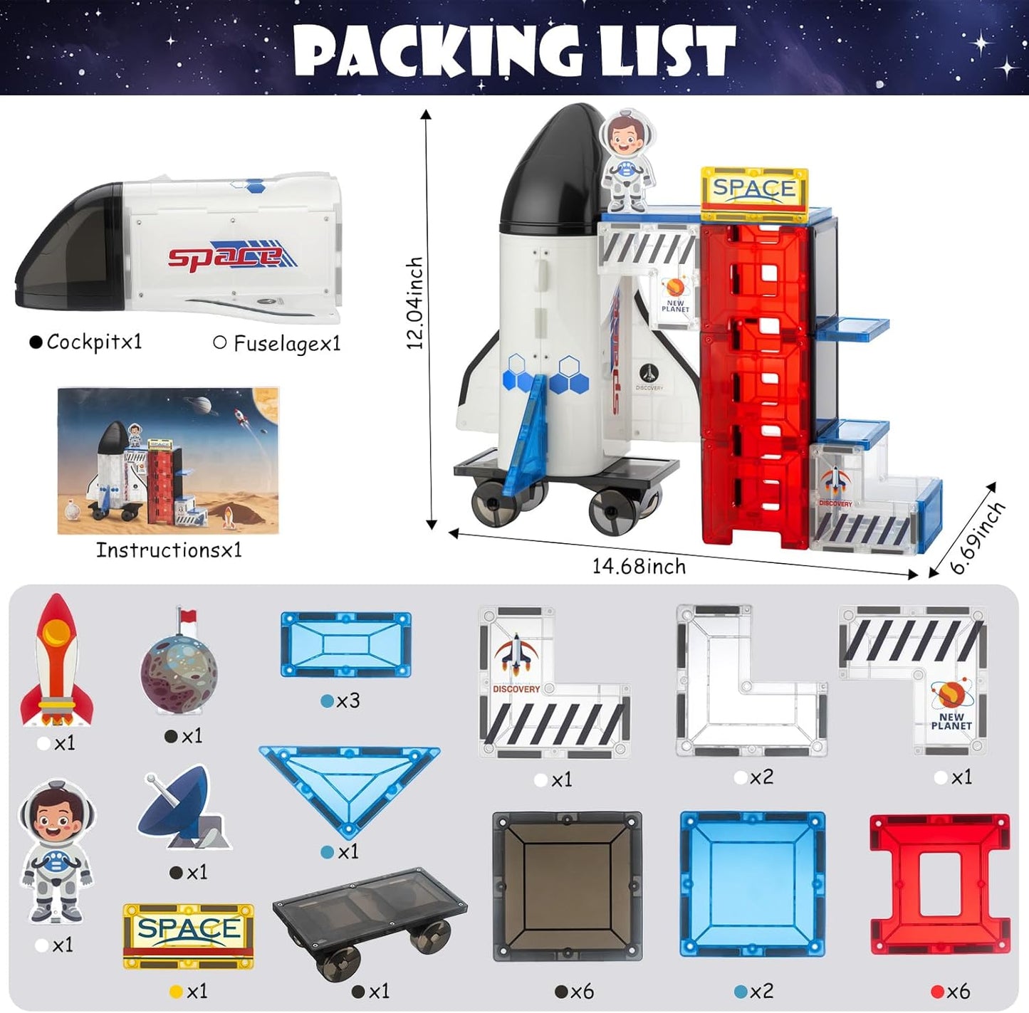 VROGTIK Space Magnetic Tiles for Kids, 30 Piece STEM Magnetic Building Blocks Set, Rocket Ship Space Station Educational Construction Toy with Astronaut Figure for Boys Girls Ages 3-8