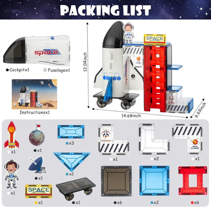 VROGTIK Space Magnetic Tiles for Kids, 30 Piece STEM Magnetic Building Blocks Set, Rocket Ship Space Station Educational Construction Toy with Astronaut Figure for Boys Girls Ages 3-8