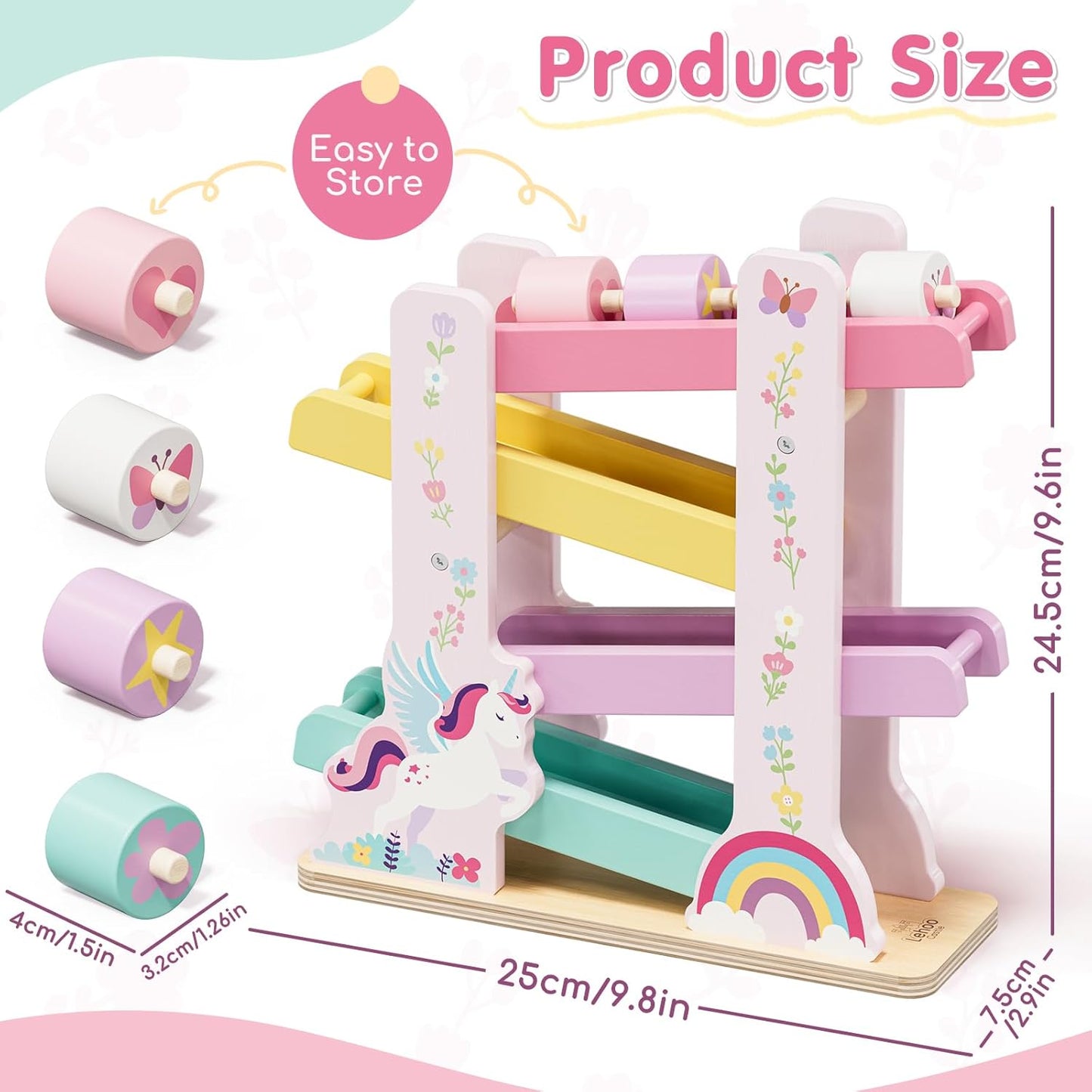 Lehoo Castle Wooden Car Ramp Toys for 1 Year Old Boy Birthday Gifts, Dinosaur Montessori Toys for 1 2 Year Old, Wooden Race Track with 4 Rollers Toddler Toys for 2 Year Old Boy