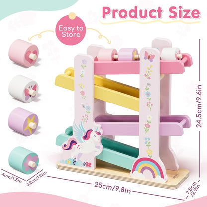 Lehoo Castle Wooden Car Ramp Toys for 1 Year Old Boy Birthday Gifts, Dinosaur Montessori Toys for 1 2 Year Old, Wooden Race Track with 4 Rollers Toddler Toys for 2 Year Old Boy