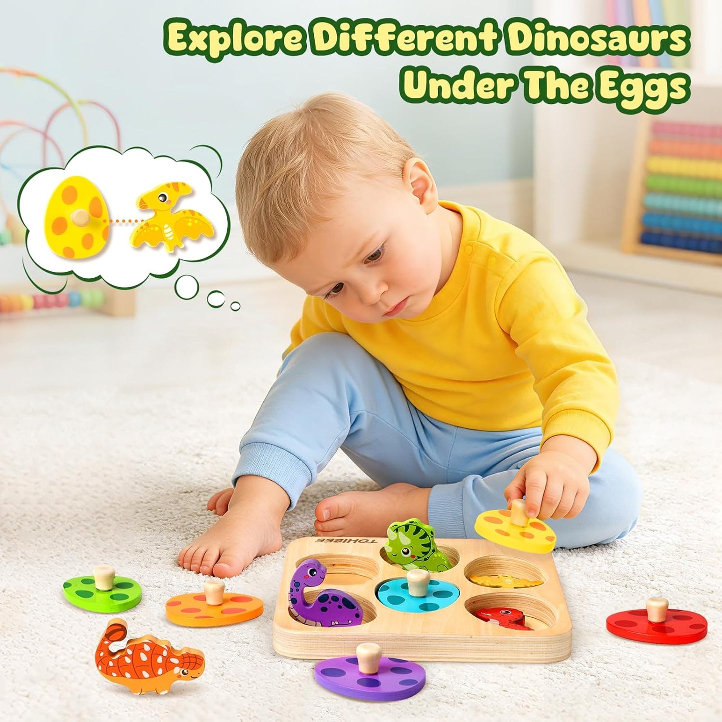 Wooden Puzzles for Toddlers 1-3 – Dinosaur Matching Egg Peg Puzzle, Montessori Sensory Toys for Boys & Girls, Early Learning Educational Toy