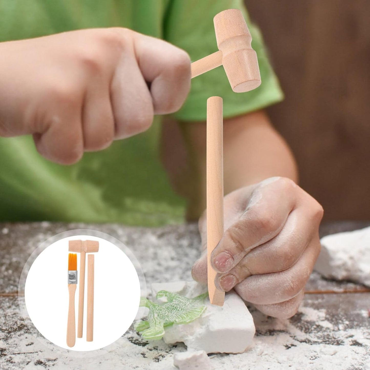 Vaguelly Dinosaur Digging Tools Toy Set with Wooden Hammer Chisel Brush - Educational Stem Excavation Kit for Kids Ages 4-12 Creative Learning Science Accessories