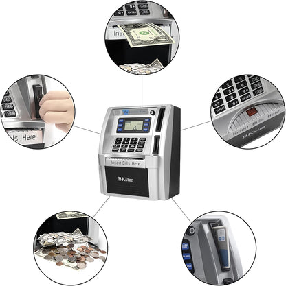 BKstar Kids Talking ATM Piggy Bank for Real Money with Dual Debit Cards, Power-Off Memory, Auto-Opening Drawer, Onekey Shutdown, Bill Feeder, Coin Recognition, Balance Calculator Machine