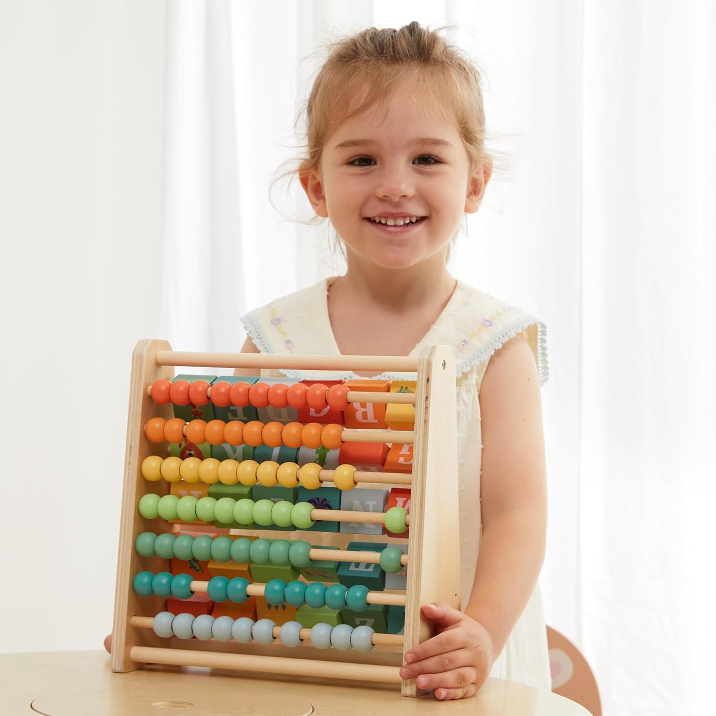 FReniland Wooden Activity Cube - Double-Sided Abacus & Alphabet Flip Tiles for Toddlers 18M+, Educational Learning Toy for Math and ABC Fun