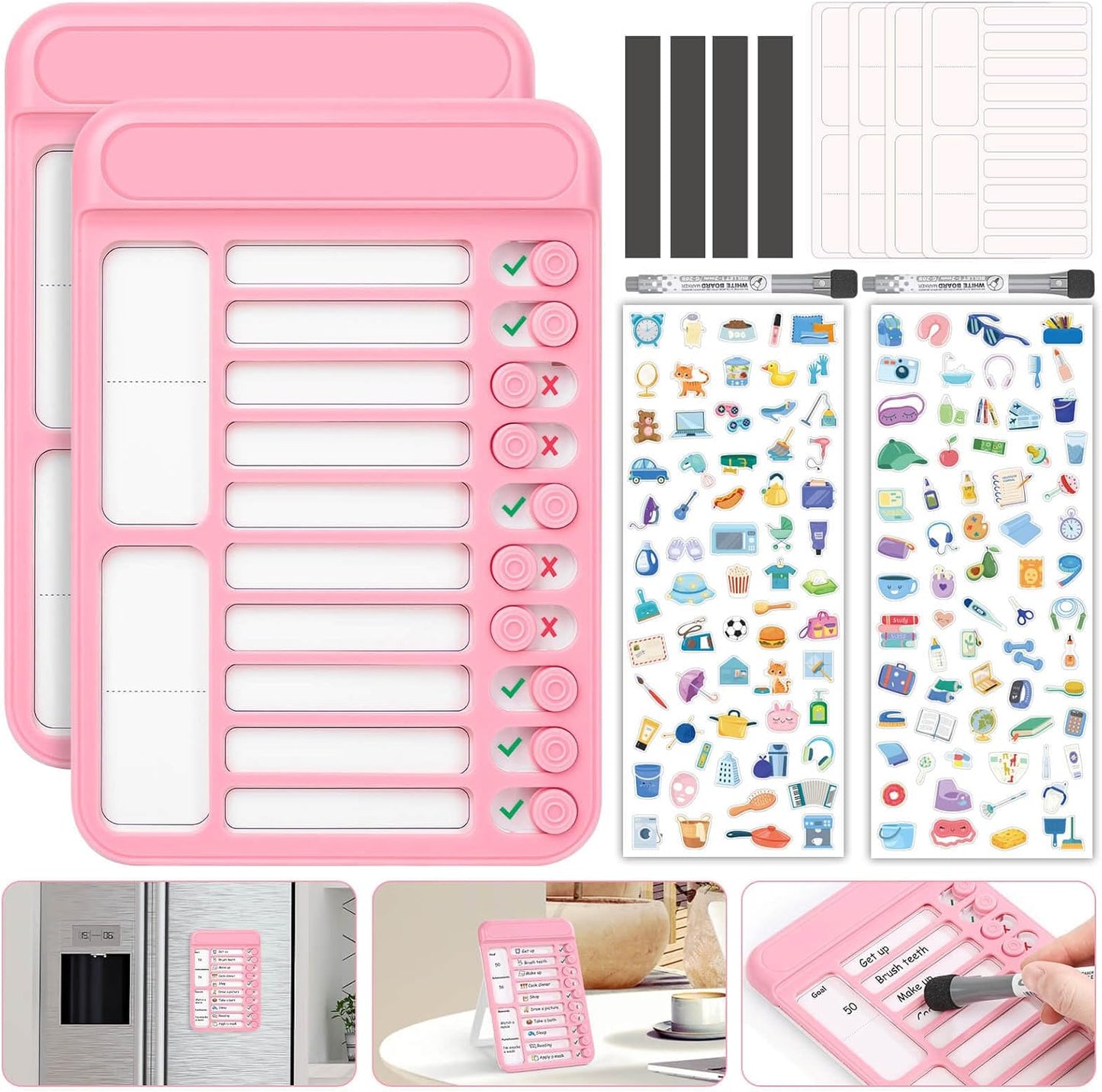 Audab Dry Erase Chore Chart for Kids, Magnetic Checklist Board, My Chores Slider Chart to Do List Board, Routine Reward Chart Schedule Board Task Tracker for Home Refrigerator, Wall, Desk (Pink)