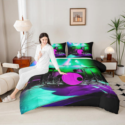 Erosebridal Drum Kit 3D Print Kids Comforter Sets Rock Music Themed Full Bedding Set for Boys Girls Musical Pattern Comforter Set,Colorful Retro Style Quilt Duvet 3 Pcs
