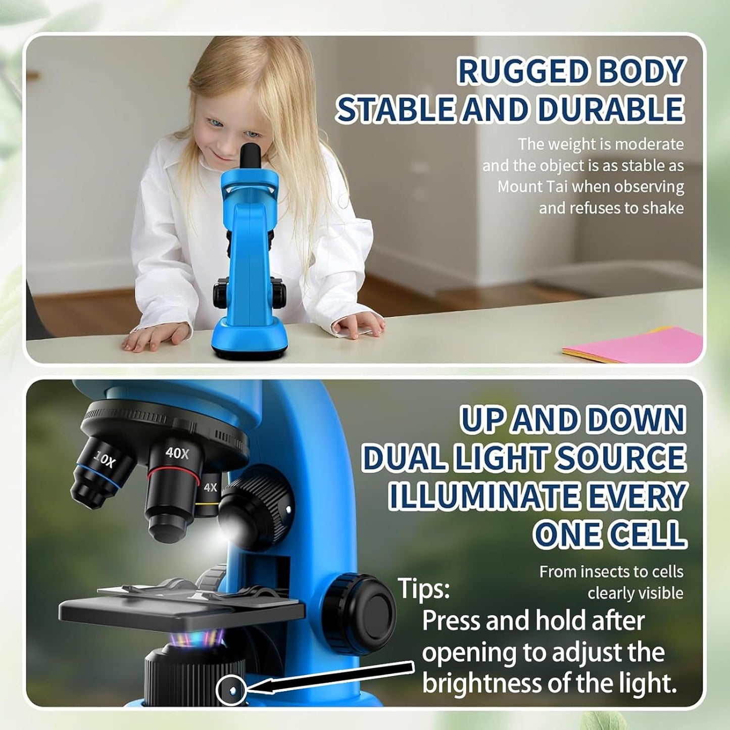 Microscope for Kids Scientific Experiment Kit 40X-1600X Magnification LED Light Educational STEM Kit with Slides and Lab Tools (Blue)