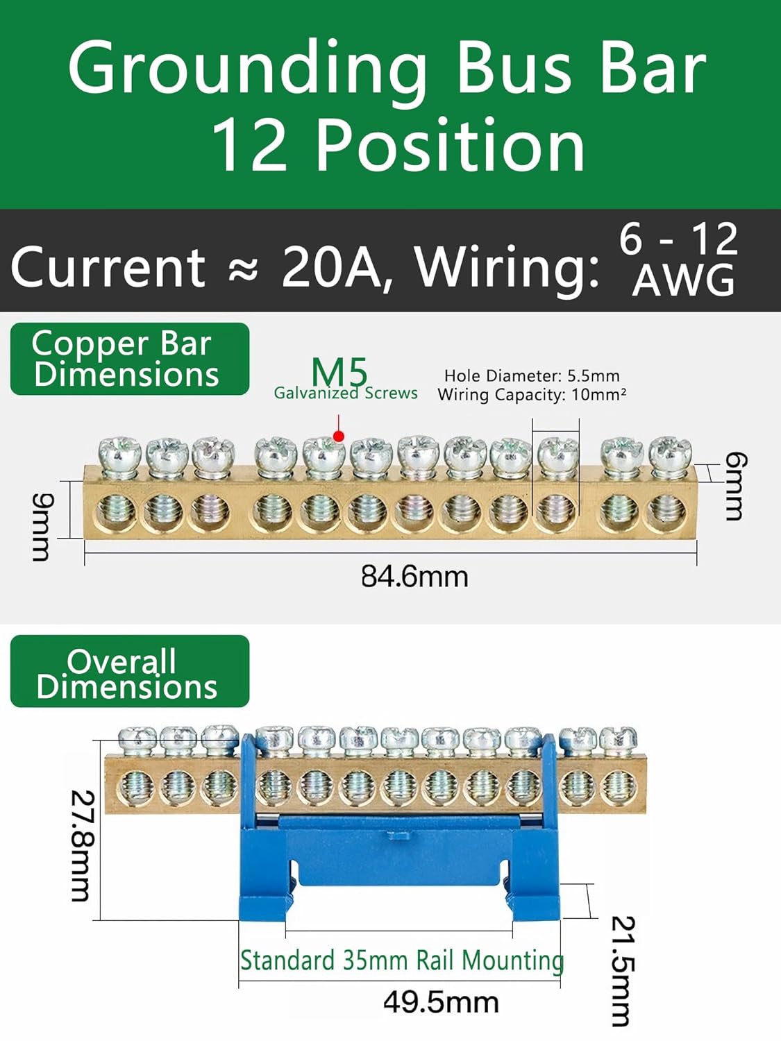 10 Positions Terminal Bus Bar Block 6 Pack Brass Wire Screw for Car Boat Marine Ground Power Distribution Grounding Electrical Bars Strip Block for 12V-110V, Blue