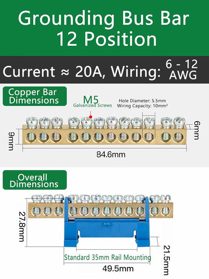 10 Positions Terminal Bus Bar Block 6 Pack Brass Wire Screw for Car Boat Marine Ground Power Distribution Grounding Electrical Bars Strip Block for 12V-110V, Blue