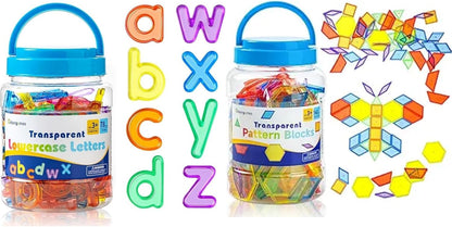 78 Pcs Translucent Lowercase Letters - 140 Pcs Translucent Pattern Blocks - Learning Toy for Light Table Accessories and Manipulatives