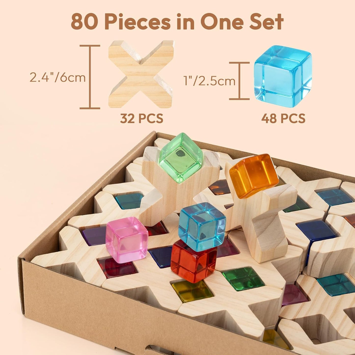 Woodtoe Wooden Building Blocks Set for Kids, 36 PCS Rainbow Acrylic Gem Blocks - 3 Wood House, Montessori Stacking Toy for Toddlers, Educational STEM Birthday Creative Toy Gift for Boys Girls 3-6