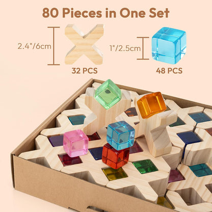 Woodtoe Wooden Building Blocks Set for Kids, 36 PCS Rainbow Acrylic Gem Blocks - 3 Wood House, Montessori Stacking Toy for Toddlers, Educational STEM Birthday Creative Toy Gift for Boys Girls 3-6