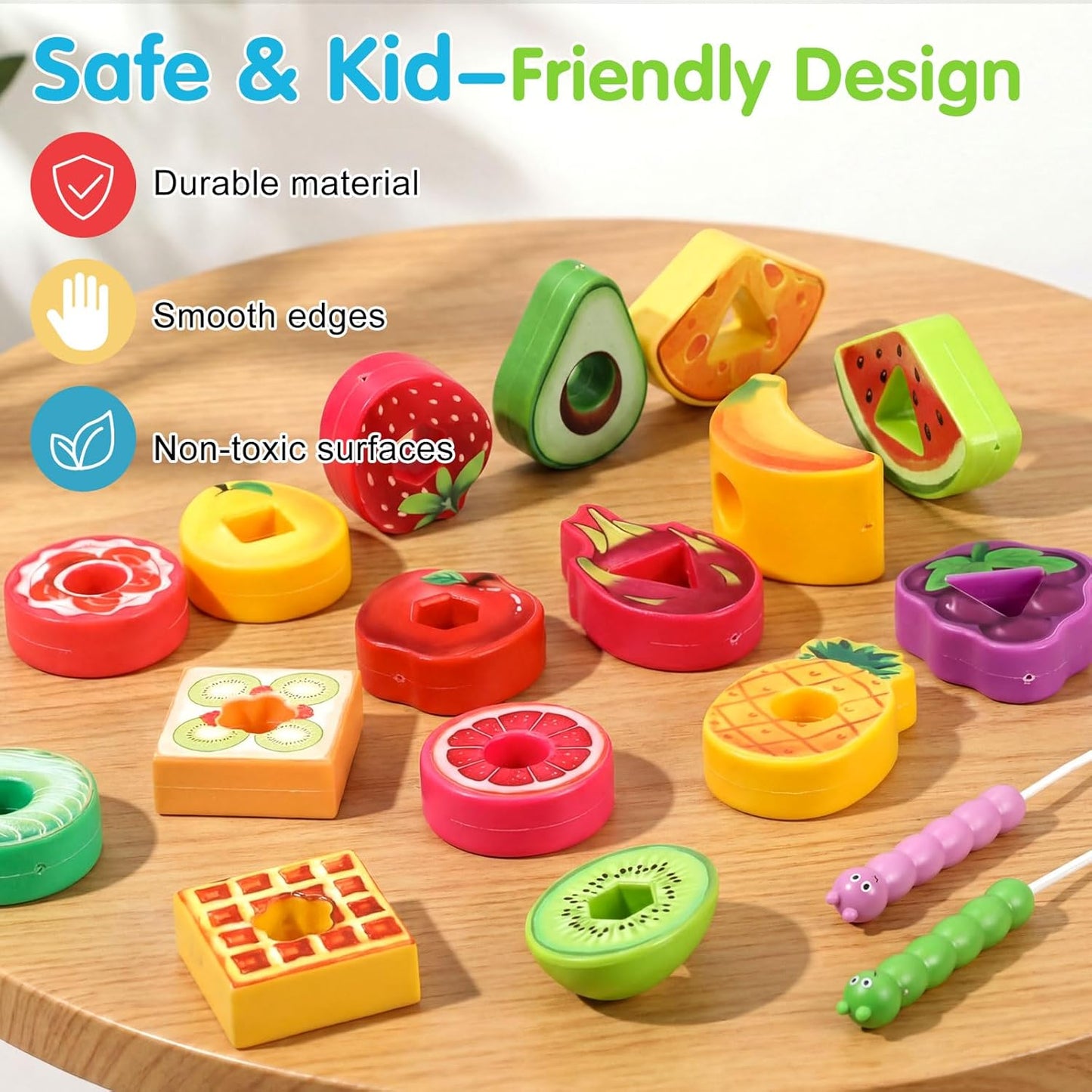 28 Pcs Caterpillar Lacing Toy for Toddlers Fruit Food Threading Toys Learning Lacing Beads Montessori Educational Stringing Threading Beads Fine Motor Skills Gift for Boys Girls 3+