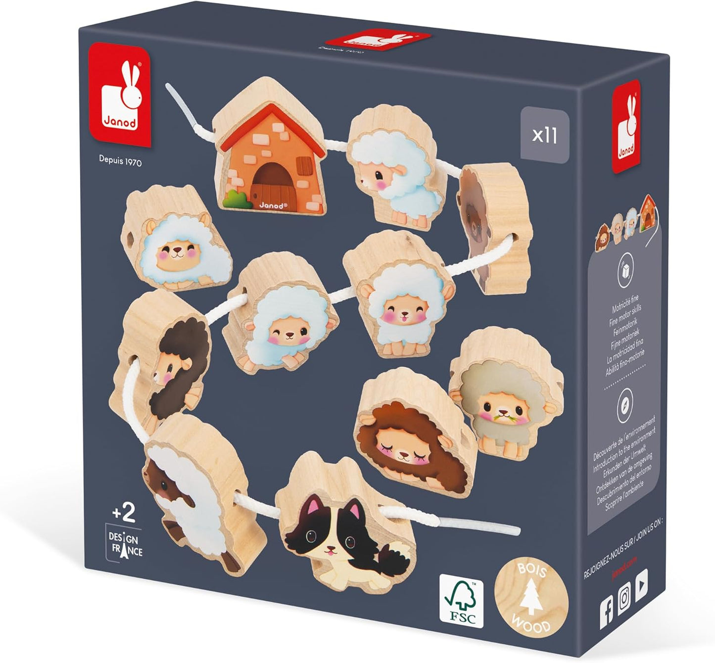 Janod - Stringable Farm-Themed Wooden Beads Set 11 Pieces - Designing Custom Jewelry - Imagination Development - Boosts Creativity and Motor Skills - Encourages Imaginative Play