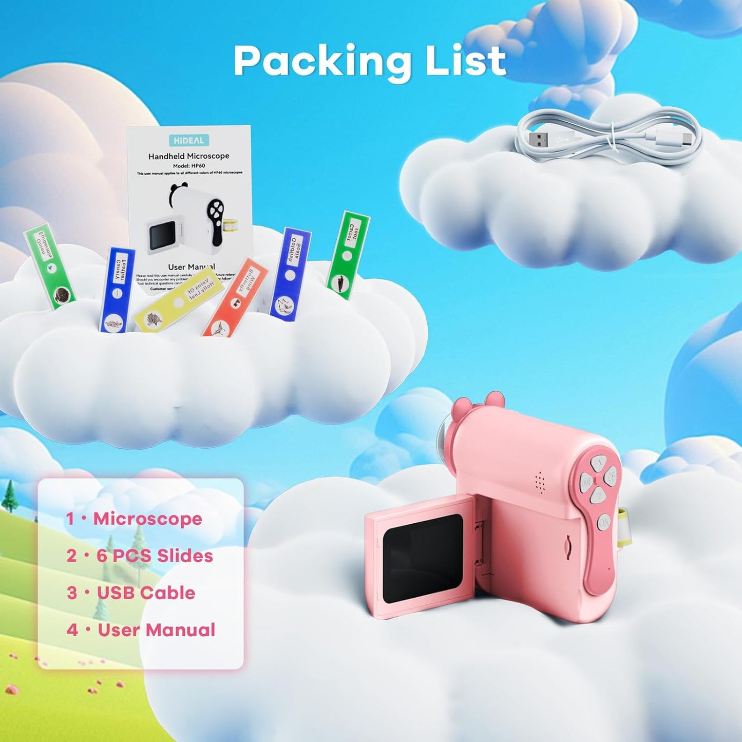Hideal HP60 IPS Microscope for Kids: [Auto On & Off] [3-in-1] 2" Portable Handheld Microscope Miniscope, Pocket Mini Scope Educational Science Kit, Christmas Birthday Gifts for Kids, PC View, Pink