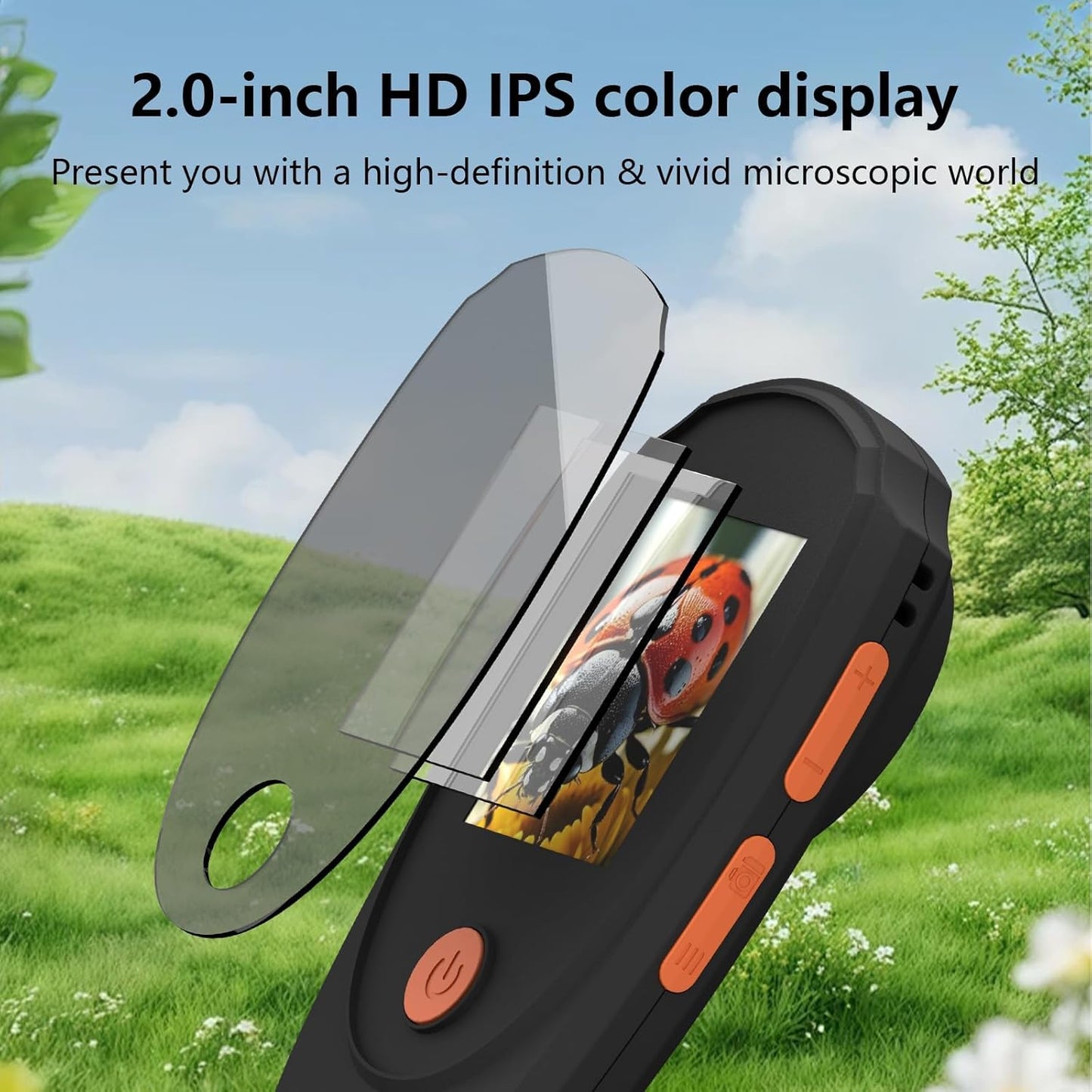 Handheld Digital Microscope with 2.0 Inch IPS Color Screen, Portable Magnifying Glass for Kids, 500x Magnification, 8 Adjustable 3-Level LED Lights, USB Compatible with PC Windows and Mac OS