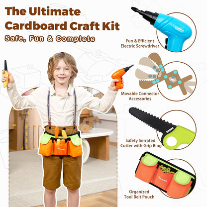Kids Cardboard Construction Tool Set with Electric Drill & Tool Belt -258PCS, STEM Building Kit for Creative Craft Projects, Educational DIY Engineering Toy for Boys & Girls