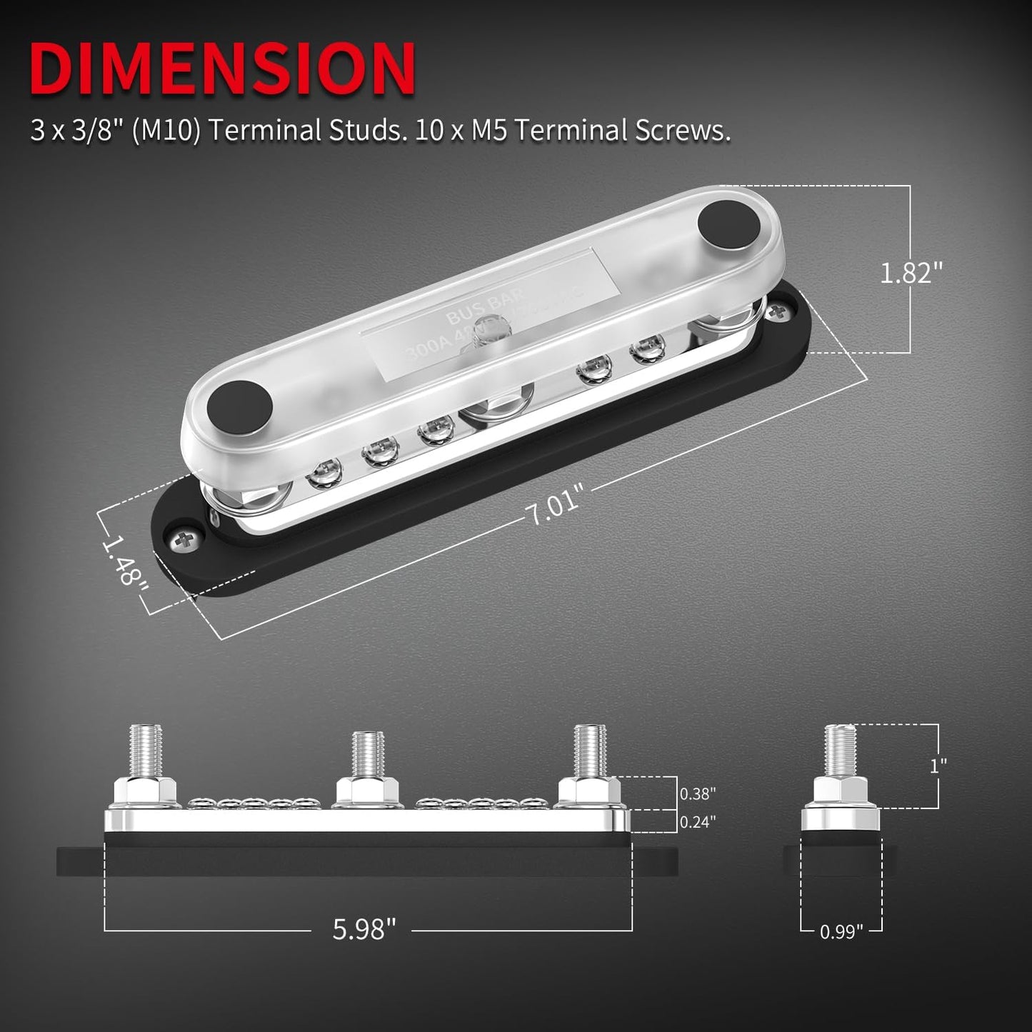 DaierTek 300A Copper Bus Bar 12V, Power Distribution Block with Cover 3 x 3/8” M10 Studs & 10 x M5 Terminal Screws for Car Marine Solar Battery Negative & Positive