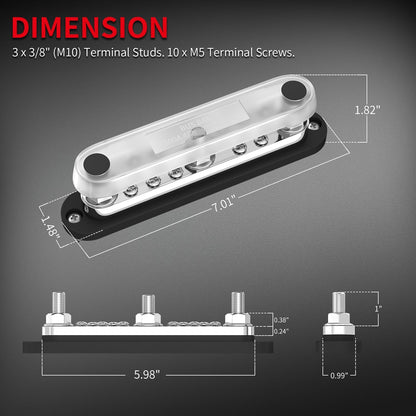 DaierTek 300A Copper Bus Bar 12V, Power Distribution Block with Cover 3 x 3/8” M10 Studs & 10 x M5 Terminal Screws for Car Marine Solar Battery Negative & Positive
