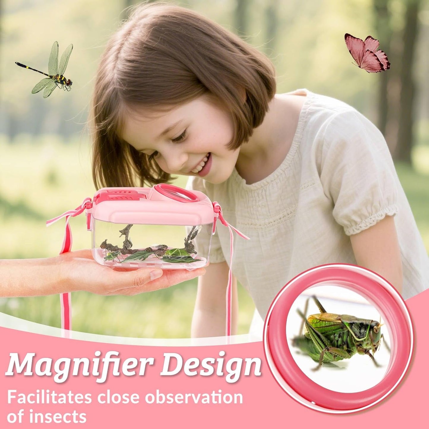 2 Set Bug Catcher for Kids- Educational Bug Catching Kit Including Butterfly Net, Insect Clip, Tweezer, Outdoor Toys for Kids Ages 3-10 (Pink & Green)