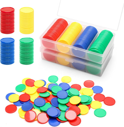 Luxiv 200Pcs Plastic Learning Counters with Storage Box, 4 Colors Bingo Chips 1 Inches Poker Chips Educational Counting Math Counters Manipulatives Round Game Chips Plastic Counters