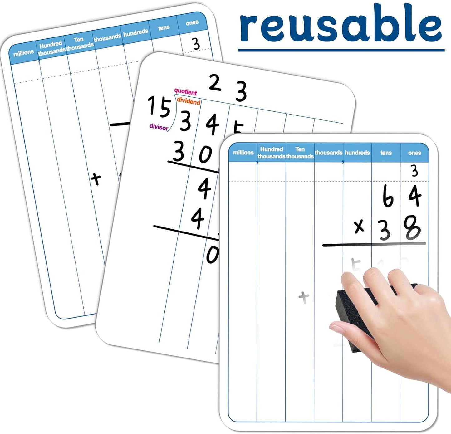 24Pcs Place Value Chart Dry Erase Flash Cards Double Sided Addition Subtraction Cardboard Math Whiteboard Math Manipulatives Teacher Portable Tool 12" x 9"