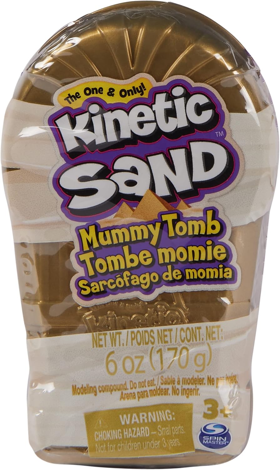 Kinetic Sand, Mini Mummy 170g Magic Sand, Kinetic Sand Brown, 1 Surprise Figure, 2 Accessories and 3 Gems Included, Toys for Boys and Girls 3 Years Old