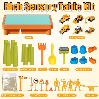 Lehoo Castle Sensory Table with Sensory Sand, Indoor Sensory Bin with Lid & 2.6lbs Play Sand, Construction Kit with 6 Alloy Trucks & Castle Molds, Sensory Toys for Toddler Boys and Girls