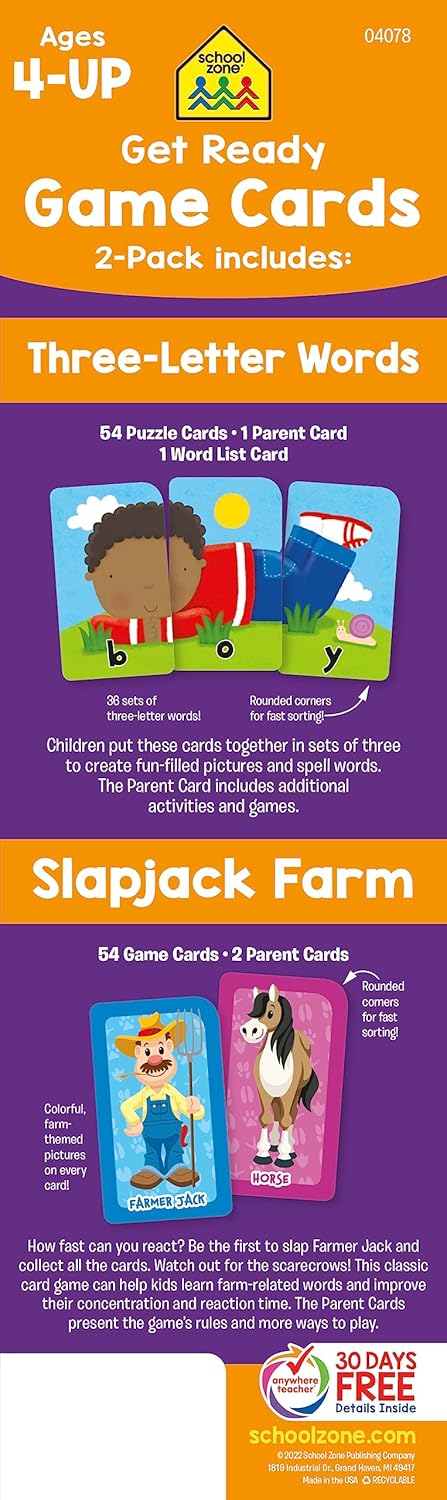 School Zone Get Ready Game Cards Three-Letter Words & Slapjack Farm 2-Pack: 108 Flash Cards, Preschool, Kindergarten, Spelling, Farm Animals, Word-Picture Association, Matching, Ages 4+