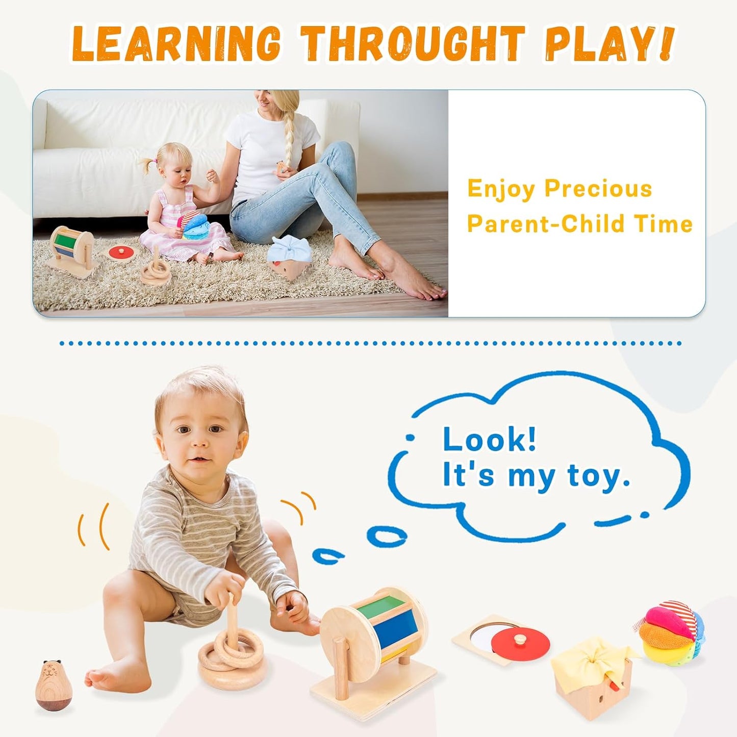 Adena Montessori Play Kit for 3-4 Months Baby,8 in 1 Wooden Learning Educational Toys for Toddler,Include Framed Mirror Book,High-Contrast Cards and More,Christmas Birthday Gift for Boys Girls