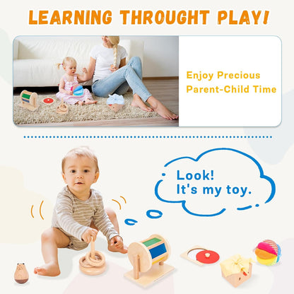 Adena Montessori Play Kit for 3-4 Months Baby,8 in 1 Wooden Learning Educational Toys for Toddler,Include Framed Mirror Book,High-Contrast Cards and More,Christmas Birthday Gift for Boys Girls