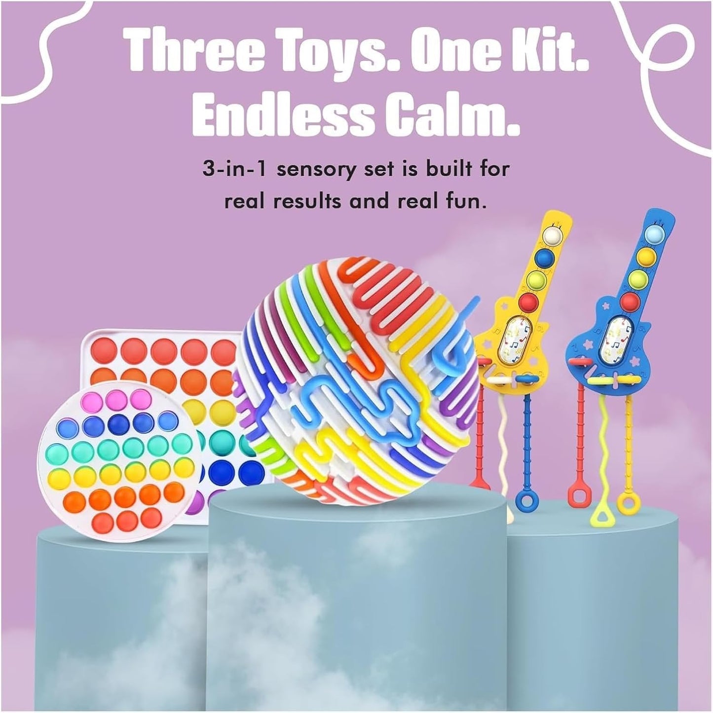 OmniHaven™ 3-Pack Sensory Fidget Toys for Kids (Ages 5–12) – Quiet Pop It, Click Keyboard & Stress Balls – Classroom Calm Down Kit for Focus, ADHD, Travel, Party Favors & Gifts