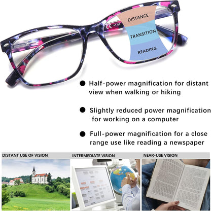 CLASAGA Progressive Multifocus Reading Glasses for Women, Pattern Print Blue Light Block Stylish Ladies Computer Readers
