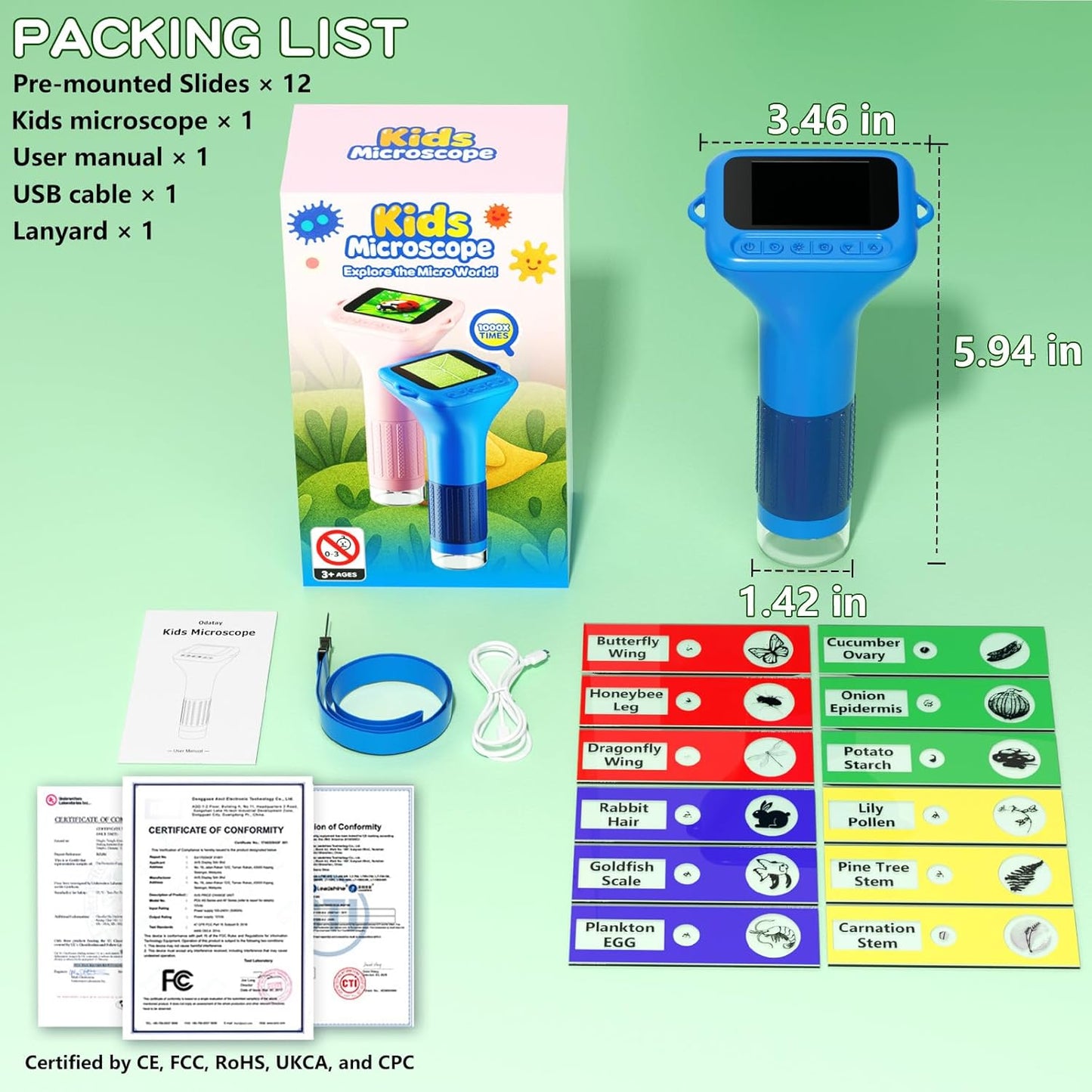 Odatay Microscope for Kids with 12 Slides, 100X-1000X 1080P Digital Handheld Kids Microscope, Mini Portable Pocket Miniscope Science Toys Gifts for 3+ 4 5 6 7 8 9 10 11 12 Year Old Boys Girls, Blue