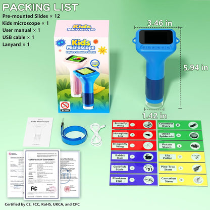 Odatay Microscope for Kids with 12 Slides, 100X-1000X 1080P Digital Handheld Kids Microscope, Mini Portable Pocket Miniscope Science Toys Gifts for 3+ 4 5 6 7 8 9 10 11 12 Year Old Boys Girls, Blue
