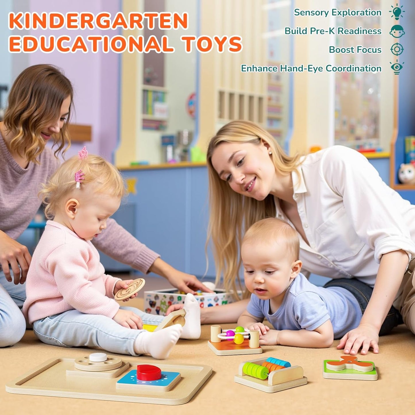 Montessori Busy Board for Toddlers 1-3, 6-in-1 Sensory Activity Cube, Fine Motor Skills Learning Toy with Bead Maze, Gears & Spinner, Quiet Travel Toy for 1 Year Old Boy and Girl Gifts