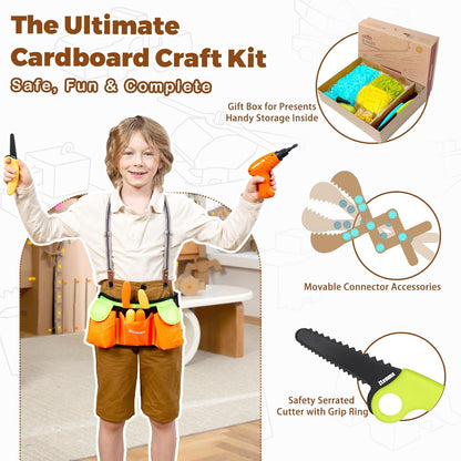 Cardboard Construction Kit - 401 PCS Kids Building Set with Safe Serrated Cutter, Crease Roller, Screws & Nuts, STEM Upcycled Tool for DIY Cardboard Projects, Engineering & Creativity