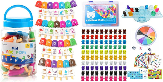 ABC Popsicles - 100 Pcs Translucent Bear Counters, Counting Animal Matching Games Color Sorting Toys, Translucent Toys for Light Table, Includes 11 Activity Cards